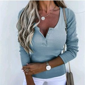 Womens Button Vneck long sleeve T-shirt